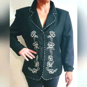 Mary McFadden Collection Black Blazer Linen Blend Embrodered  Size 16 P